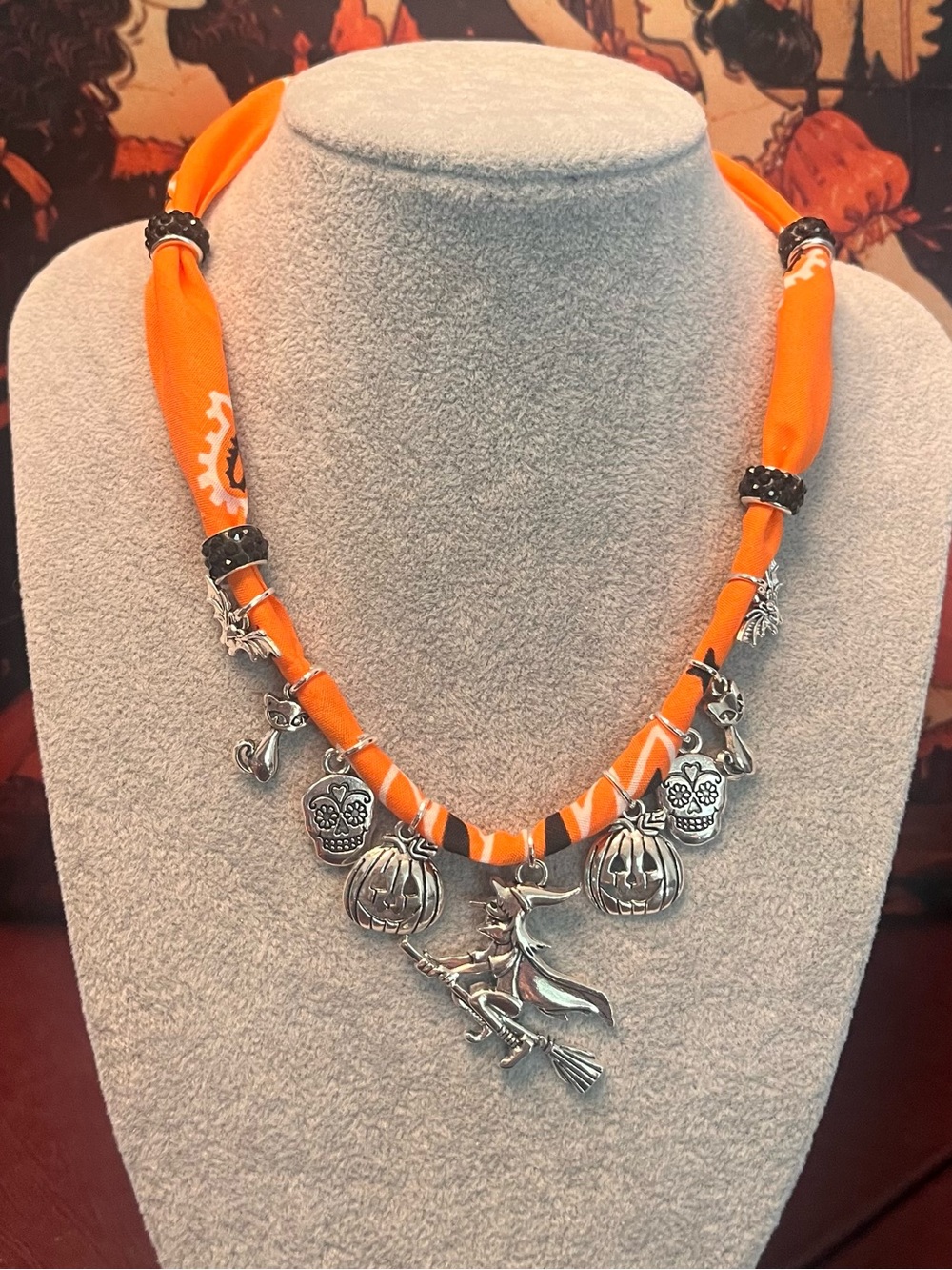 Orange Halloween Bandana Scarf Charm Necklace with Witch Pendant